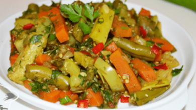 Теплый овощной салат со стручковой фасолью, морковью, кабачками и баклажанами
